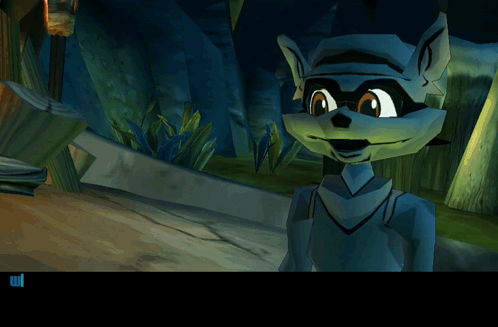 A Cartoon Raccoon Is Standing In A Forest And Smiling GIF