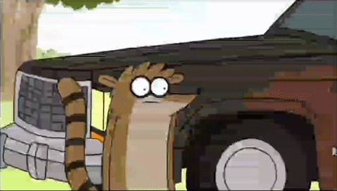 A Cartoon Raccoon Is Standing Next To A Car With A Tree In The Background . GIF