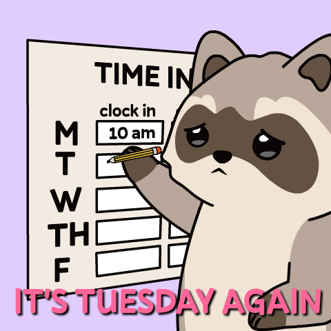 A Cartoon Raccoon Is Writing On A Paper That Says Time In Clock In GIF