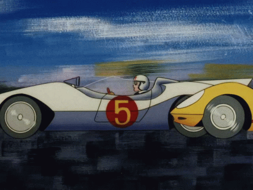 A Cartoon Race Car With The Number 5 On The Side GIF