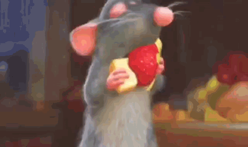 A Cartoon Rat Is Eating A Piece Of Cheese And A Strawberry . GIF