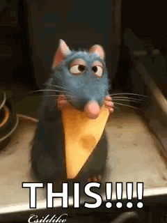 A Cartoon Rat Is Holding A Piece Of Cheese And Says `` This !!! '' . GIF
