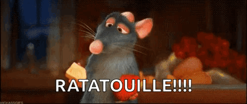 A Cartoon Rat Is Holding A Piece Of Cheese And The Words Ratatouille !!! GIF