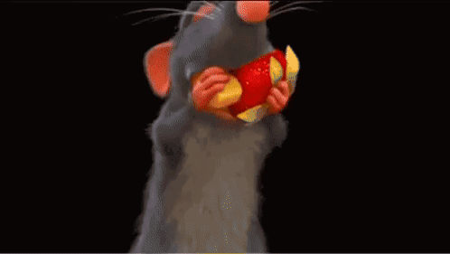a cartoon rat is holding a piece of meat and a piece of bread .