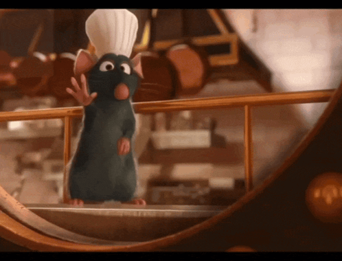 A Cartoon Rat Wearing A Chef 'S Hat Is Standing On A Balcony GIF