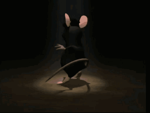 A Cartoon Rat Wearing A Top Hat Is Standing In A Dark Room GIF