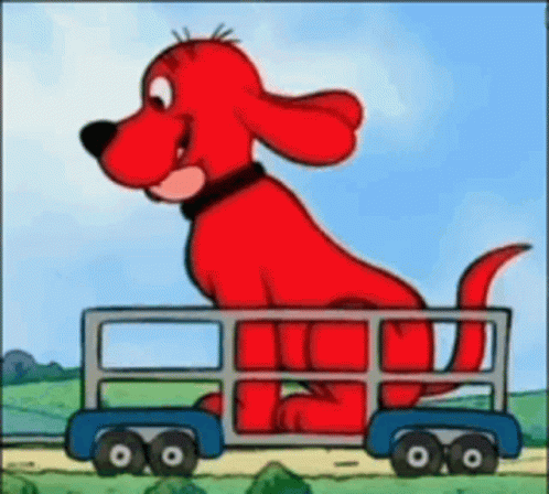 A Cartoon Red Dog Is Riding On The Back Of A Truck . GIF