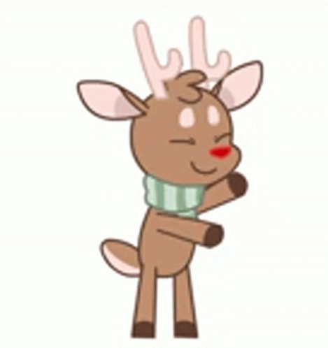 A Cartoon Reindeer Wearing A Scarf And Antlers Is Standing Up . GIF