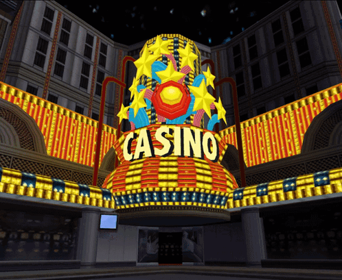 A Cartoon Rendering Of A Casino With Neon Lights GIF