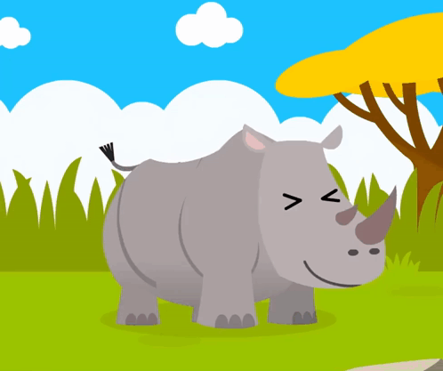 A Cartoon Rhino Is Standing In A Field With A Tree In The Background GIF