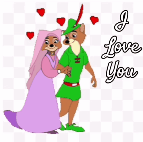 A Cartoon Robin Hood And A Princess Holding Hands With The Words " I Love You " GIF