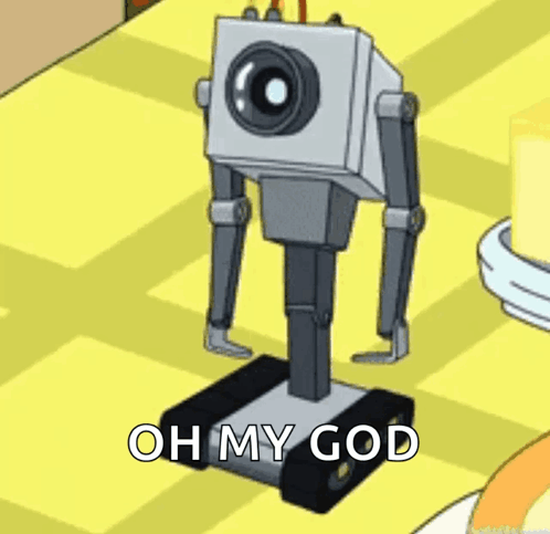 A Cartoon Robot Is Standing On A Yellow Floor And Says Oh My God . GIF