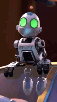 A Cartoon Robot With Green Eyes Is Sitting On A Shelf . GIF