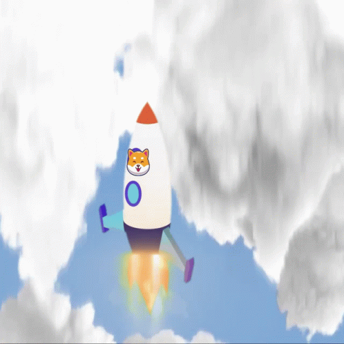 A Cartoon Rocket With A Dog On It Is Flying Through The Clouds GIF
