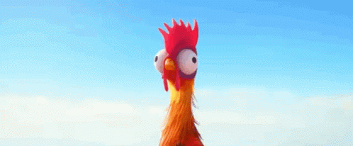 A Cartoon Rooster With A Long Neck And A Red Crest Is Looking Up At The Sky . GIF
