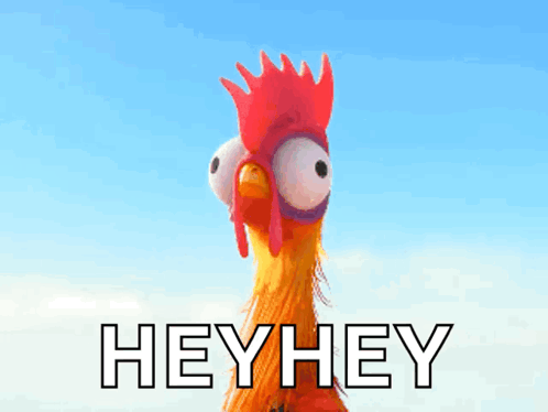 A Cartoon Rooster With Big Eyes And The Words Hey Hey Below It GIF