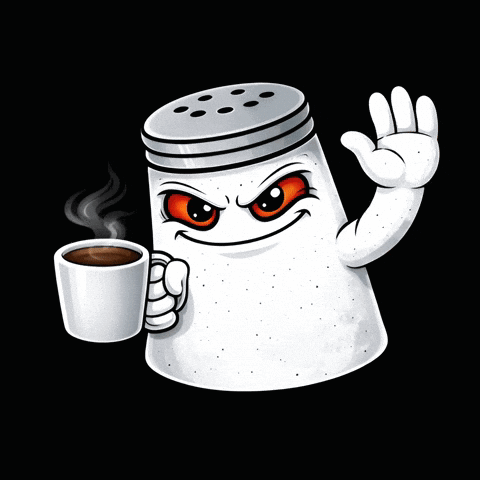 A Cartoon Salt Shaker Holding A Cup Of Coffee GIF