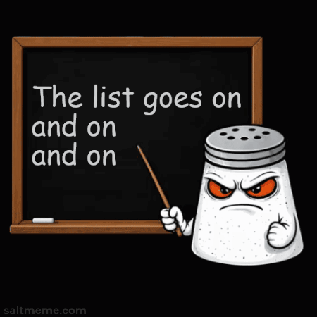 A Cartoon Salt Shaker Is Pointing At A Blackboard That Says The List Goes On And On And On GIF