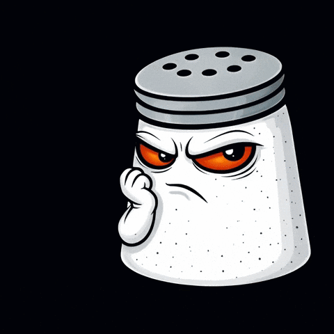 a cartoon salt shaker with an angry face on a black background