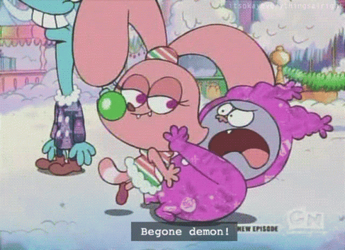 A Cartoon Says Begone Demon In The Upper Right Corner GIF