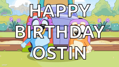 A Cartoon Says Happy Birthday Ostin With A Purple Train In The Background GIF