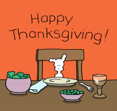 A Cartoon Says Happy Thanksgiving And Has A Sign That Says Pass The Bones On It GIF