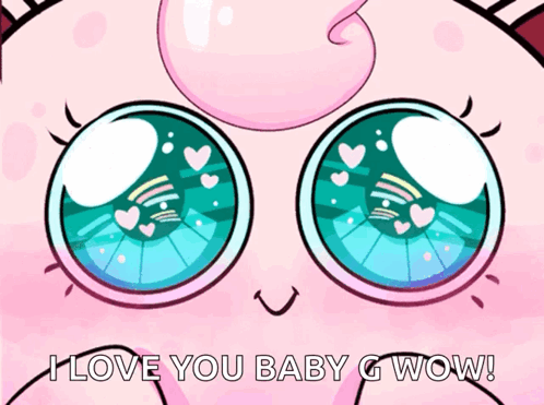 A Cartoon Says I Love You Baby G Wow On A Pink Background GIF