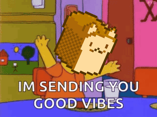 A Cartoon Says Im Sending You Good Vibes With A Pixelated Cat On His Head GIF