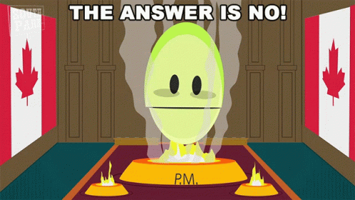 A Cartoon Says The Answer Is No With A Smiley Face On A Podium GIF
