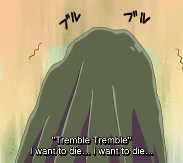 A Cartoon Says " Tremble Tremble " In Front Of A Mountain GIF