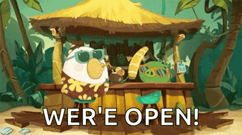 A Cartoon Says We 'Re Open In Front Of A Hut GIF