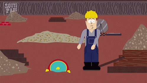 A Cartoon Scene From South Park Shows A Construction Worker And A Chicken Wing Character GIF