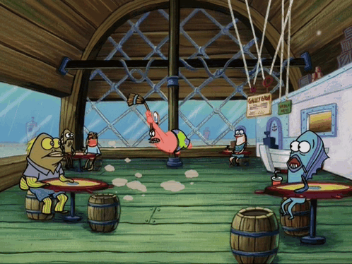 A Cartoon Scene From Spongebob Squarepants With A Sign That Says Crabby Crab GIF