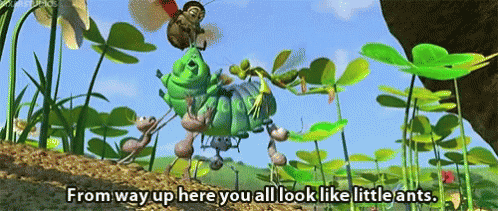 A Cartoon Scene Of Ants And A Bee With The Words From Way Up Here You All Look Like Little Ants GIF