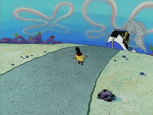 A Cartoon Scene Of Spongebob And Squidward Running From A Bus GIF