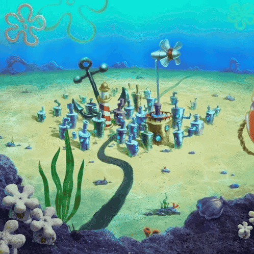 A Cartoon Scene Of Spongebob Squarepants With A Flower And Anchors GIF