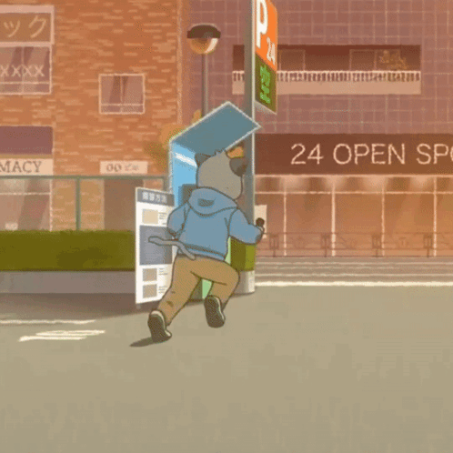 A Cartoon Scene With A 24 Open Space Sign GIF
