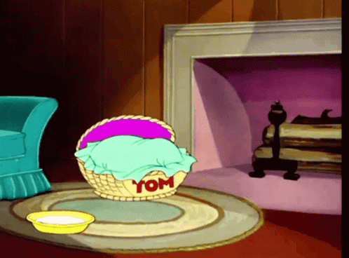 A Cartoon Scene With A Basket That Says Tom GIF