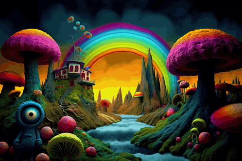 A Cartoon Scene With A House And A Rainbow GIF