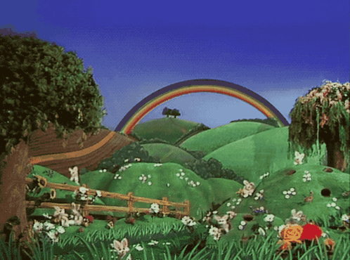 A Cartoon Scene With A Rainbow In The Sky GIF