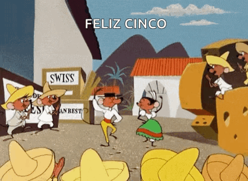 A Cartoon Scene With A Sign That Says Feliz Cinco GIF