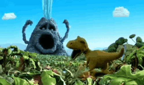 A Cartoon Scene With A Volcano And A Dinosaur GIF