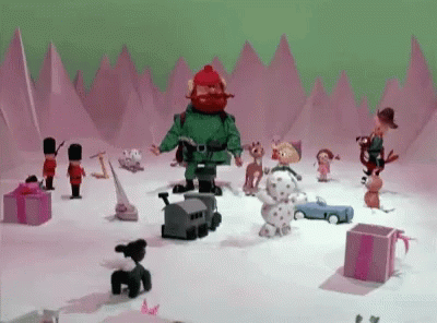 A Cartoon Scene With Santa Claus And Toys In The Snow GIF