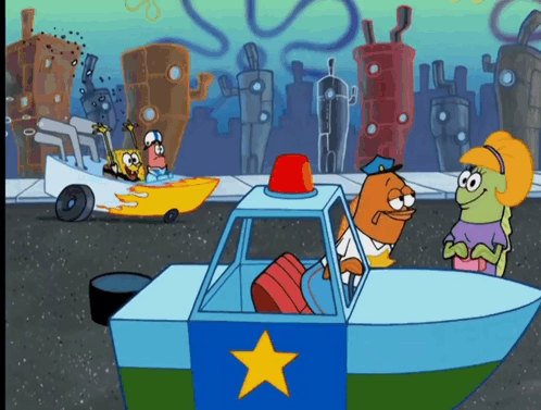 A Cartoon Scene With Spongebob And His Friends In A Police Car GIF