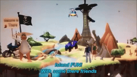 A Cartoon Scene With The Words Island Fun With Some There Friends At The Bottom GIF