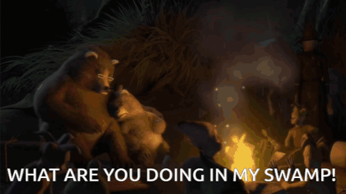 a cartoon scene with the words " what are you doing in my swamp " at the bottom