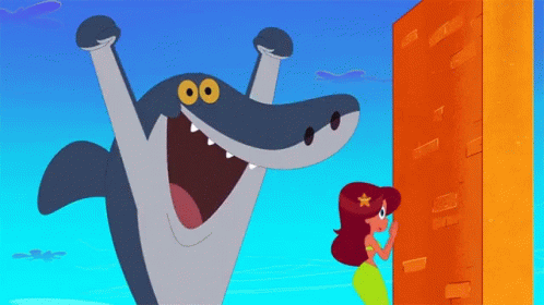 A Cartoon Shark Is Standing Next To A Mermaid GIF