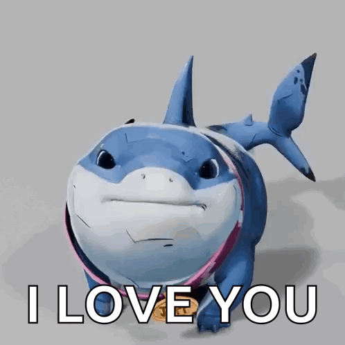 A Cartoon Shark Says I Love You In Front Of A Gray Background GIF