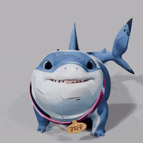 A Cartoon Shark With A Tag That Says Jeff GIF