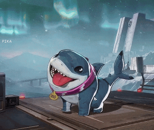 A Cartoon Shark With A Tag That Says Pika On It GIF